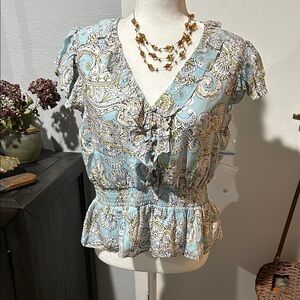 Parker Paisley Ruffle Blouse - Blue and Cream